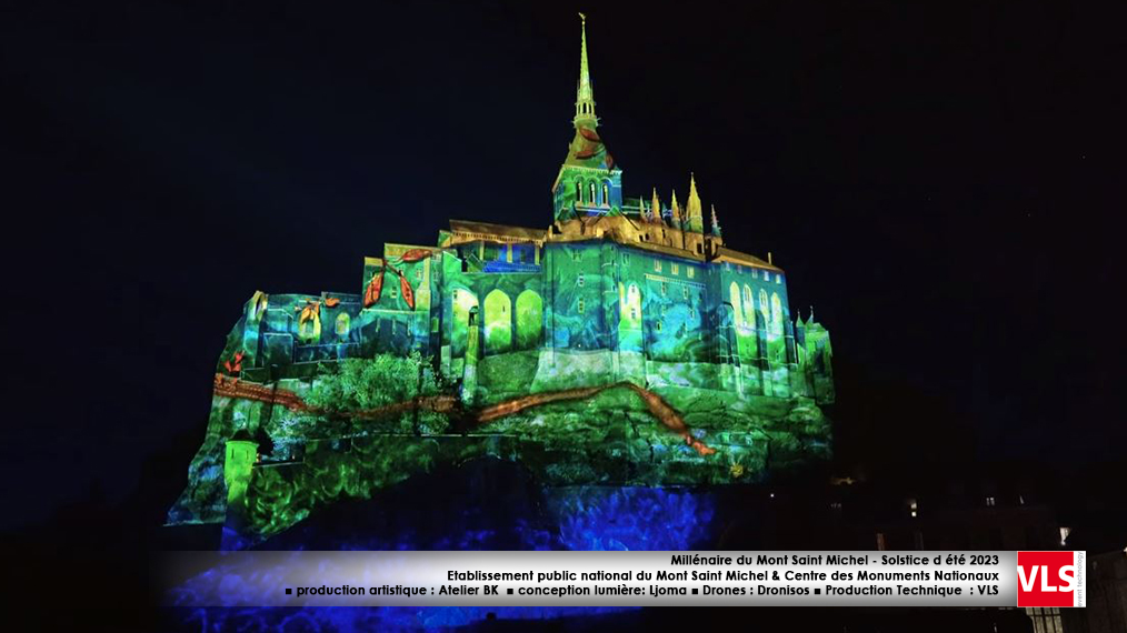 Millénaire du Mont Saint Michel - Solstice d été 2023 Etablissement public national du Mont Saint Michel & Centre des Monuments Nationaux ■ production artistique : Atelier BK ■ conception lumière: Ljoma ■ Drones : Dronisos ■ Production Technique : VLS