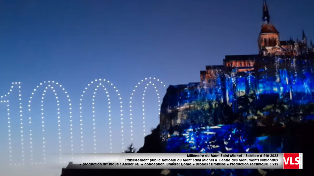 Millénaire du Mont Saint Michel - Solstice d été 2023 Etablissement public national du Mont Saint Michel & Centre des Monuments Nationaux ■ production artistique : Atelier BK ■ conception lumière: Ljoma ■ Drones : Dronisos ■ Production Technique : VLS